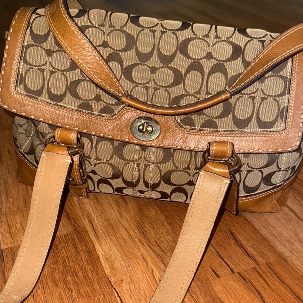 Coach Hampton Signature Logo Monogram Khaki Tan Leather Satchel Shoulder Bag